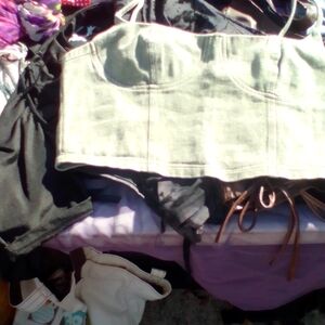 Cherry Mellow Olive Denim Strapless Bustier Crop Top